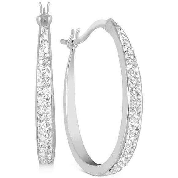 Silver Plated Pave Crystal Hoop Earrings Stunning Women's Fashion Style Elegant - Picture 1 of 16